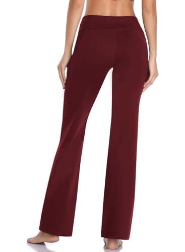 HISKYWIN Side Pockets Yoga Pants 4 Way Stretch Tummy Control Workout Running Pants, Long Bootleg Flare Pants HF201-Burgundy-S - Image 4