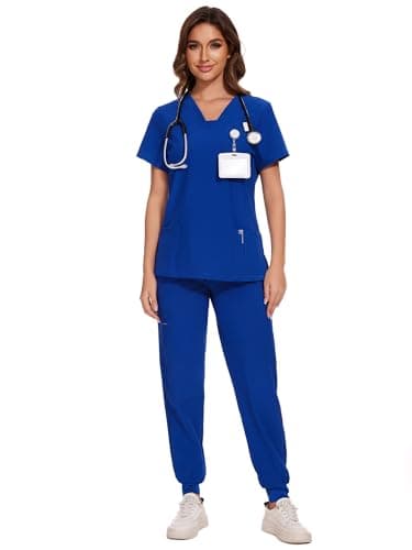 COZYFIT Scrubs for Women - V-Neck Top & Cargo Pants Scrubs Set with 10 Pockets - Royal Blue, 3XL, Tall - Image 1