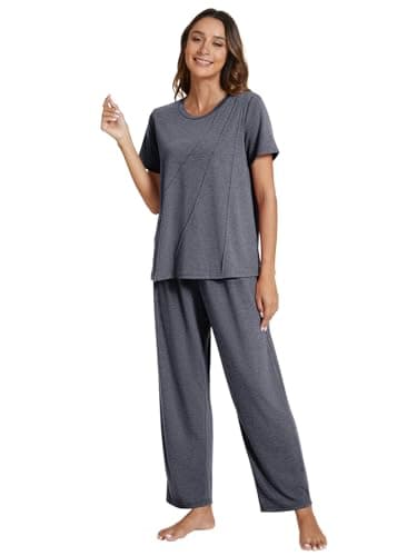 POKWAI Womens Pajama Sets Short Sleeve Top with Pants Soft Pj Women Pajamas Summer Pajamas for Women Pajama Pjs(Dark Gray,Large) - Image 5
