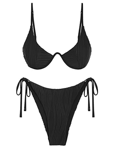 ZAFUL Underwire Bikini Sets for Women Back Clasp Bikinis Side Tie String Ribbed Two Piece Swimsuits Black M - Image 1