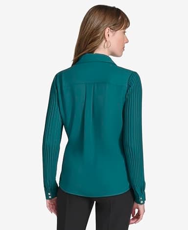 Tommy Hilfiger Women's Suits Long Sleeve Shirt with Pleated Sleeves, Forest, M - Image 4