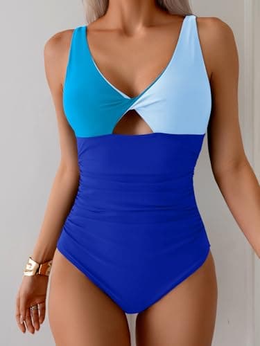 B2prity One Piece Swimsuit for Women Tummy Control Ruched Bathing Suit V Neck Cutout Swimwear - Image 4