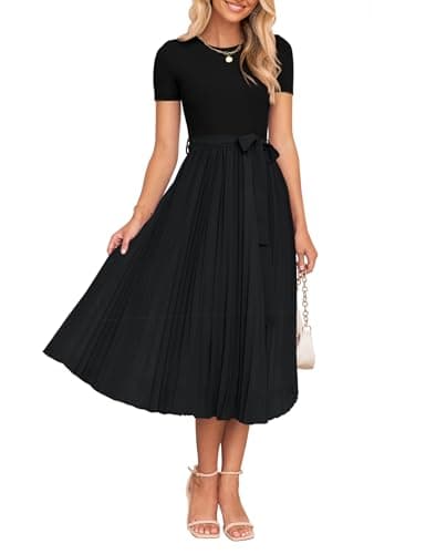 ZESICA Womens 2025 Summer Short Sleeve Midi Dresses Casual Crew Neck Knit Belted Pleated A Line Flowy Wedding Guest Dress,Black,Large - Image 1