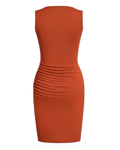 BTFBM Women 2025 Summer Sleeveless Tank Dresses Crew Neck Slim Fit Short Casual Ruched Bodycon Party Club Mini Dress(Red Khaki, Medium) - Image 7