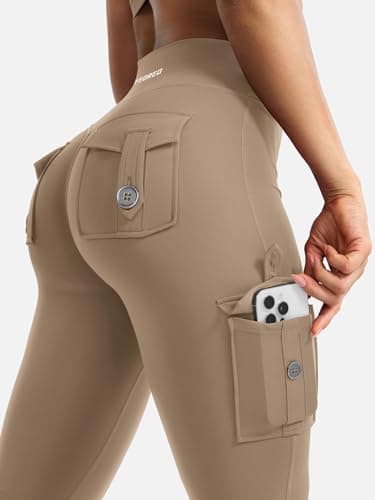 YEOREO CoreFlex Women Workout Flare Leggings with Pockets Hidden Scrunch High Waisted Cargo Gym Yoga Leggings Light Brown S - Image 2