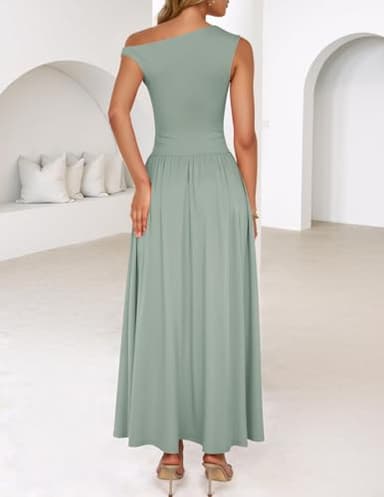 ZESICA Women's Summer 2025 Sleeveless Maxi Dress One Shoulder Casual Slim Swing Pleated Formal Dresses with Pockets,BeanGreen,Medium - Image 3