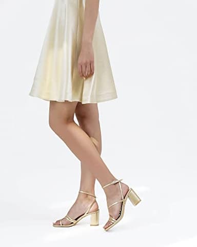 LACUONE Strappy Heels for women Block Heels Square Toe Chunky Ankle Buckle Pump Heeled Sandals (10,Gold) - Image 7