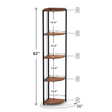 ZOUTOG 5 Tier Corner Shelf with LED Light, 62 Inch Tall Standing Narrow Bookshelf for Small Space with Storage Rack, Wooden Plant Corner Display Shelf with Metal Frame for Bedroom, Living Room - Image 2