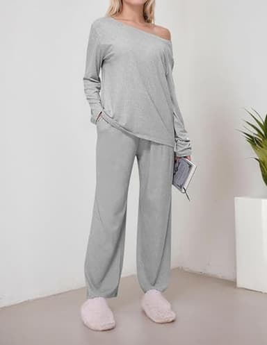 Cnlinkco Long Sleeve Pajama Set for Women Casual Soft Lounge Sets Comfy Cozy 2 Piece Sets - Image 3