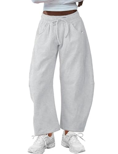 SeekMe Women's Barrel Leg Sweatpant Drawstring Elastic Waisted Wide Leg Pants Casual Cotton Palazzo Trousers with Pockets (0009-White-S) - Image 1
