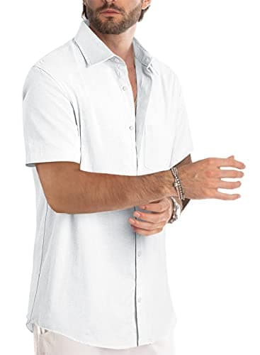 JMIERR Men's Summer Casual Stylish Short Sleeve Button-Up Shirts Cotton Linen Solid Color Business Dress Shirts Chambray Beach Shirt, L, White - Image 2