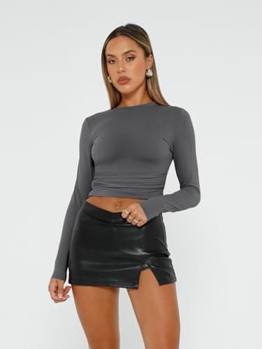 AUTOMET 3 Pack Womens Long Sleeve T Shirts Fall Fashion Basic Going Out Crop Tops Slim Fitted Winter Clothes 2025 Black White Gray S - Image 2