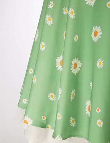 Women's Vintage Summer Floral Sage Green Dress Sleeveless Ruched A Line Flare Dresses Beach Sundresses Daisy Dress M - Image 5