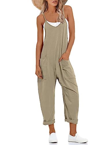 Lentta Women's Causal Jumpsuits V Neck Sleeveless Harem Overalls Stretchy Adjustable Strap Romper with Pockets(DarkKhaki-M) - Image 1