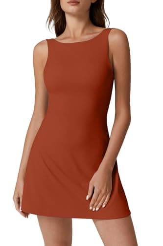 QINSEN Sleeveless Sport Dress for Women Summer Boat Neck Backless Workout Tennis Dress Brick Red M - Image 1