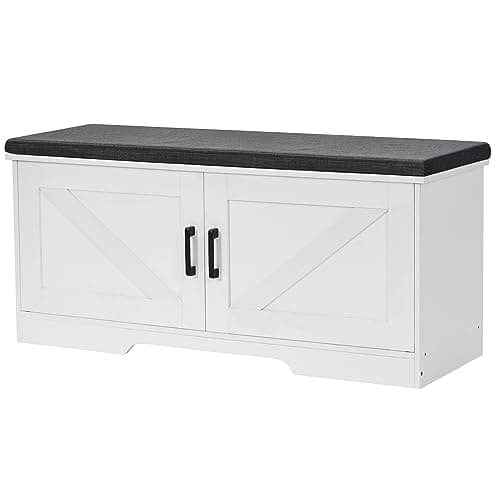HOMSHO 2-Tier Storage Bench, 39.4" Wide Shoe Bench with Padded Seat Cushion, Entryway Bench with 2 Barn Doors and Adjustable Shelf, White - Image 1