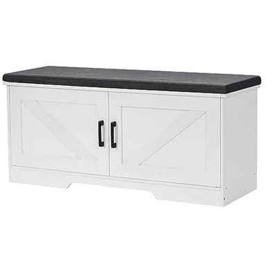 HOMSHO 2-Tier Storage Bench, 39.4" Wide Shoe Bench with Padded Seat Cushion, Entryway Bench with 2 Barn Doors and Adjustable Shelf, White - Image 1