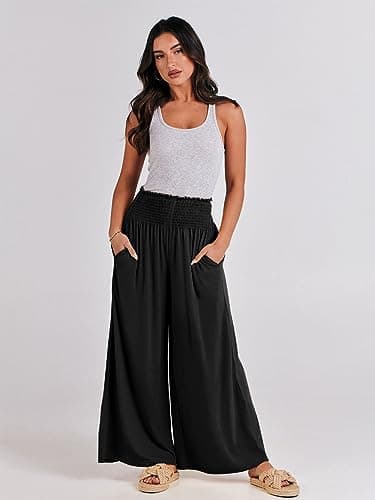 ANRABESS Women Palazzo Pants Summer Boho Bagyy Wide Leg High Smocked Waist Casual Loose Lounge Pant with Pocket Black X-Large - Image 6