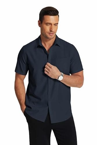 COOFANDY Men's Regular Fit Dress Shirts Wrinkle-Free Short Sleeve Casual Button Down Shirt Navy Blue - Image 2