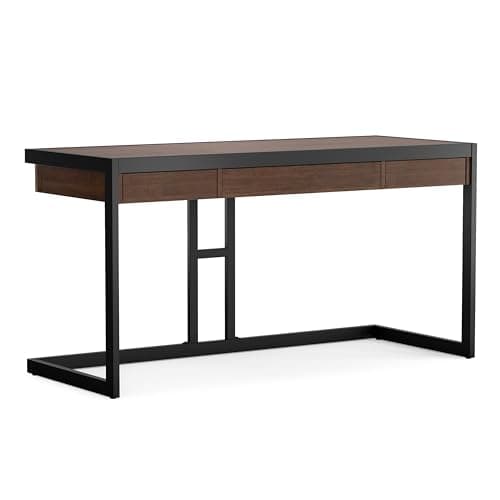 SIMPLIHOME Erina Desk - 60-Inch Wide Solid Acacia Wood and Metal Writing Desk in Distressed Charcoal Brown, Modern Industrial Home Office Computer Table for Study with 2 Drawers and Keyboard Tray - Image 1