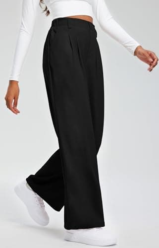 Libin Women's Wide Leg Pants 27" High Waisted Waffle Knit Casual Slacks Work Dress Pants Business Palazzo Trousers with Pockets, Black, L - Image 3