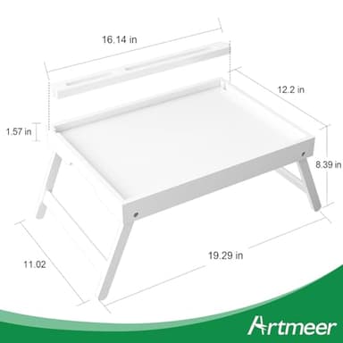 Artmeer Bed Tray Table with Folding Legs, Bamboo Breakfast Food Tray with Media Slot, Use As Platter, Laptop Desk, Snack, TV Tray Kitchen Serving Tray (White Large) - Image 3