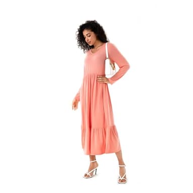 Women's Spring Solid V-Neck Long Sleeve Dress Loose Pleated Hem Fluttering Swing Midi Long Dresses with Pockets Orange Pink - Image 3