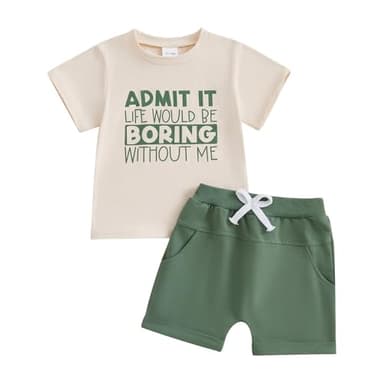 wdehow Toddler Baby Boy Summer Clothes Set Letter Print Crew Neck Short Sleeve T-Shirts Elastic Waist Shorts 2Pcs Outfits (A-A Green 2, 2-3T) - Image 1