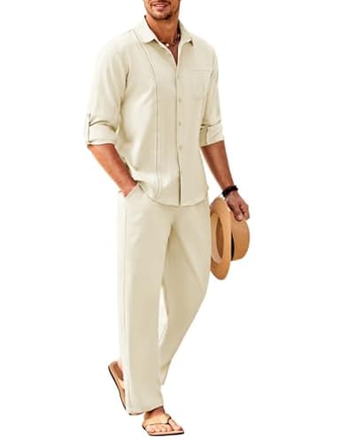 COOFANDY Mens Linen Sets 2 Piece Long Sleeve Button Down Cuban Shirt and Pants Set Summer Beach Set Outfits - Image 1