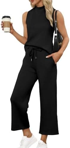 SAMPEEL Two Piece Sets for Women Summer Outfits Lounge Sets Mock Neck Tops Wide Leg Crop Pants Vacation Travel Outfits - Image 3