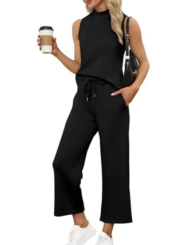 Sampeel Two Piece Set for Women Summer Outfits Matching Sets Women Clothing Lounge Sets Business Casual Outfits Travel Mock Neck Tops Wide Leg Pants Set Black XL - Image 1