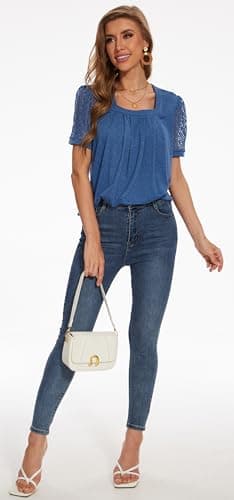 andy & natalie Womens Summer Short Sleeve Tops Square Neck Lightweight Puffer Sleeve Shirts Dressy Casual Blouse Small Cobalt Blue - Image 3