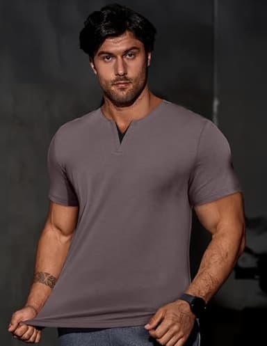 JMIERR Men's Muscle Slim Fit T-Shirt V Neck Black Henley Shirt Short Sleeve Gym Workout Athletic Fitted Tees Shirts for Men, L, Brown - Image 2