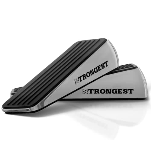 Strongest Home Heavy Duty Door Stopper Wedge (2 Chrome PCs) | Non-Slip Rubber and Metal Door Stop for Heavy Doors| Work on Wood, Tile, Carpet + 2 White Wall Protectors - Image 1