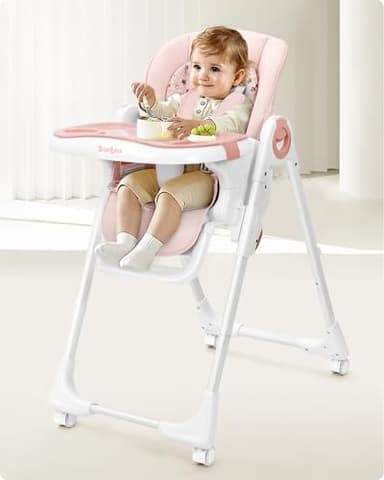 Babilous Foldable High Chair with Soft Cushion, High Chairs for Babies and Toddlers, Height Adjustable Feeding Chair, Adjustable Backrest and Footrest, Lockable Wheels, Star Pink - Image 2
