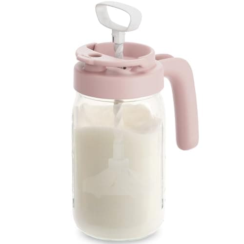 Papablic Glass Breastmilk Pitcher, Formula Mixing Pitcher with Mixing Handle Lid, Wide Mouth Mason Jar Mixer with Flip Locking Spout, Easy to Clean, BPA Free, Pink - Image 1