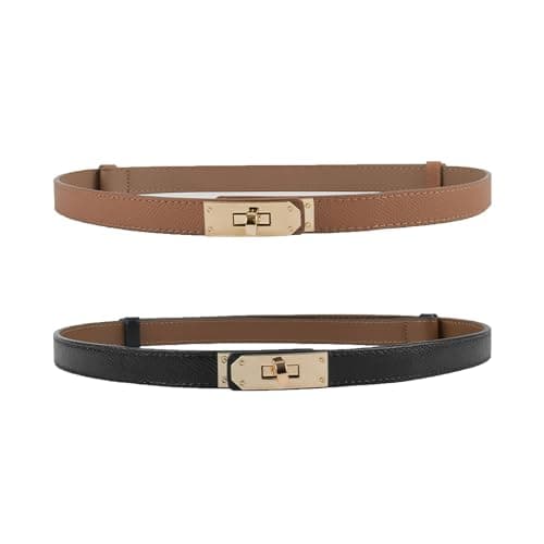 FENLDY Adjustable Thin Belts For Womens Skinny Belts For Dresses Womens Solid Color Alloy Turn Lock Belts For Jeans (Gold buckle Black+Caramel) - Image 1