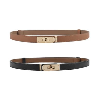 FENLDY Adjustable Thin Belts For Womens Skinny Belts For Dresses Womens Solid Color Alloy Turn Lock Belts For Jeans (Gold buckle Black+Caramel) - Image 1