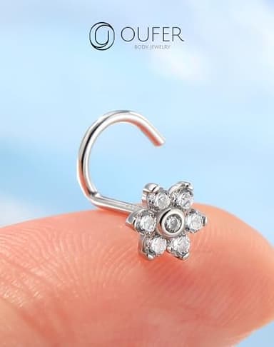 OUFER 925 Sterling Silver Nose Rings, Flower Nose Studs, Cute Nose Nostril Piercing Jewelry, Screw Shaped 20G Silver Nose Rings Studs for Women Men - Image 4