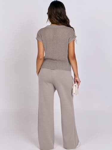 ANRABESS Women Two Piece Outfits Crochet Sheer Knit Sweater Top Wide Leg Pants Lounge Matching Sets Sweatsuit Travel Clothes light khaki Medium - Image 3