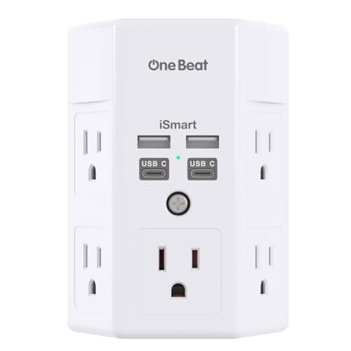 One Beat 1680J 3 Side Power Strip Multi Plug Expander, Surge Protector, 5 Outlets Extender, 4 USB Ports (USB C), Wall Mount Charger, Outlet Splitter Adapter for Home, Travel, Office, ETL Listed, White - Image 1