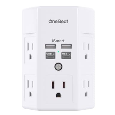 One Beat 1680J 3 Side Power Strip Multi Plug Expander, Surge Protector, 5 Outlets Extender, 4 USB Ports (USB C), Wall Mount Charger, Outlet Splitter Adapter for Home, Travel, Office, ETL Listed, White - Image 1