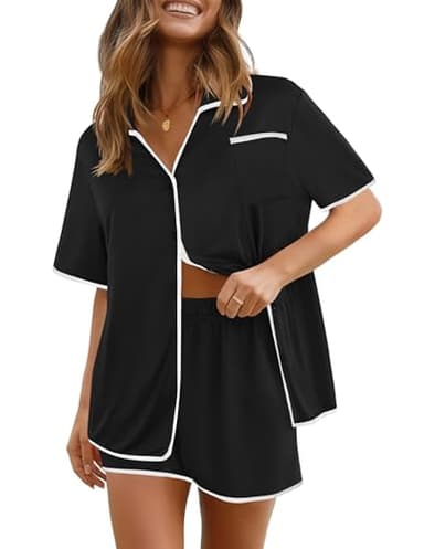 Ekouaer Pajamas Set for Women Short Sleeve Casual Sleepwear Button Down Pj Sets Shorts Soft Loungewear for Summer Black,L - Image 1