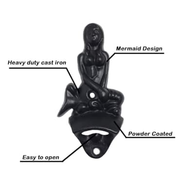 Luwanburg Black Nautical Mermaid Bottle Opener Wall Mounted Beer Cap Opener Cast Iron for Beach - Image 2