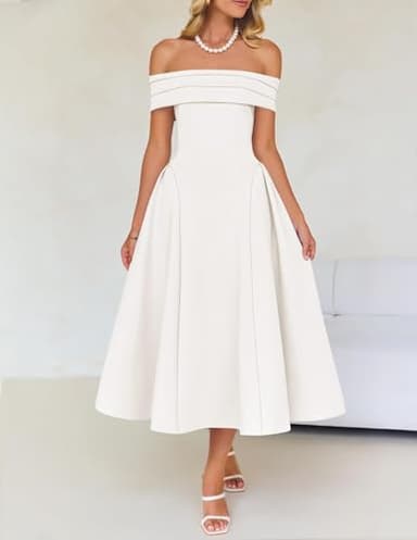 ZESICA Cocktail Dresses for Women's Elegant Off Shoulder Short Sleeve Swing A Line Wedding Evening Party Midi Dress,White,Medium - Image 2