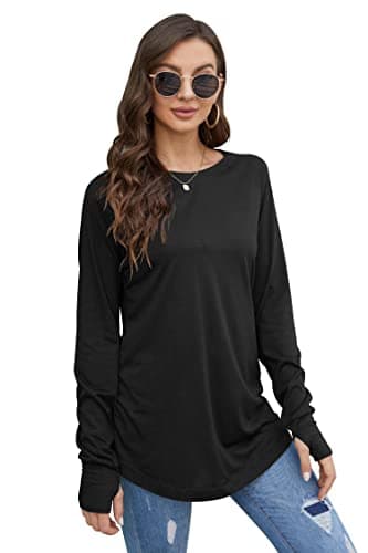 Fisoew Women's Casual Long Sleeve Tops Crew Neck Round Hem Loose T-Shirts Tunic Tops with Thumb Holes Black - Image 3