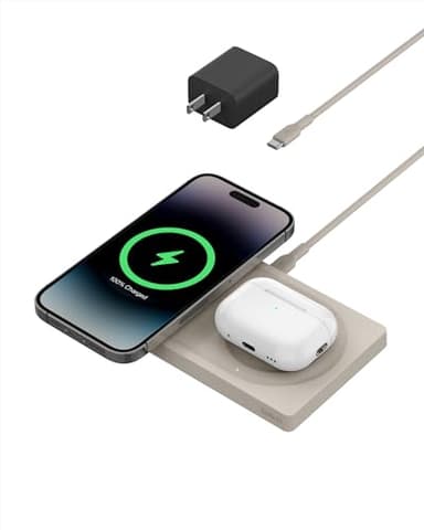 Belkin MagSafe-Compatible 2-in-1 Wireless Charger 15W, Fast Charging Station for iPhone 16, 15, 14, 13 Series, AirPods, and More - Dual Device Charging Pad - Sand - Image 1