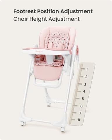 Babilous Foldable High Chair with Soft Cushion, High Chairs for Babies and Toddlers, Height Adjustable Feeding Chair, Adjustable Backrest and Footrest, Lockable Wheels, Star Pink - Image 5