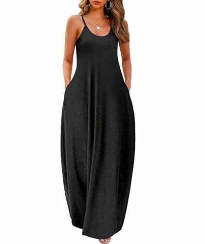 Wolddress Womens 2025 Casual Sleeveless Sundress Plus Size Loose Plain Long Summer Beach Maxi Dress with Pockets Black 1X - Image 1