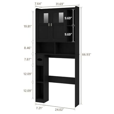Vabches Over The Toilet Storage Cabinet, Bathroom Shelf Over Toilet with Glass Doors and Adjustable Shelves, Black Freestanding Home Space Save Toilet Rack, for Restroom, Bathroom, Laundry - Image 2